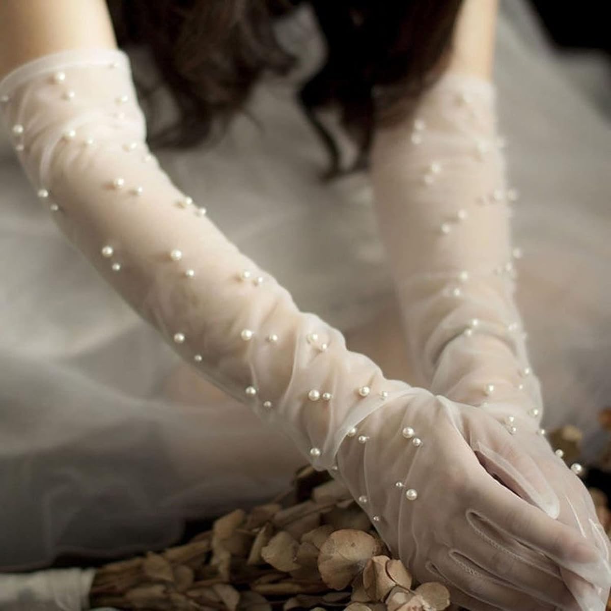 PALAY Wedding Gloves for Bride featuring Elbow Length Lace and Pearls in White Net | Elegant Bridal Accessory