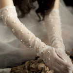 PALAY Wedding Gloves for Bride featuring Elbow Length Lace and Pearls in White Net | Elegant Bridal Accessory