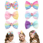 PALAY® 6 Pcs Hair Bows for Kids Girls Rainbow Bow Hair Clips for Girls Unicorn Mermaid Barrettes Hair Accessories for Girl Teens