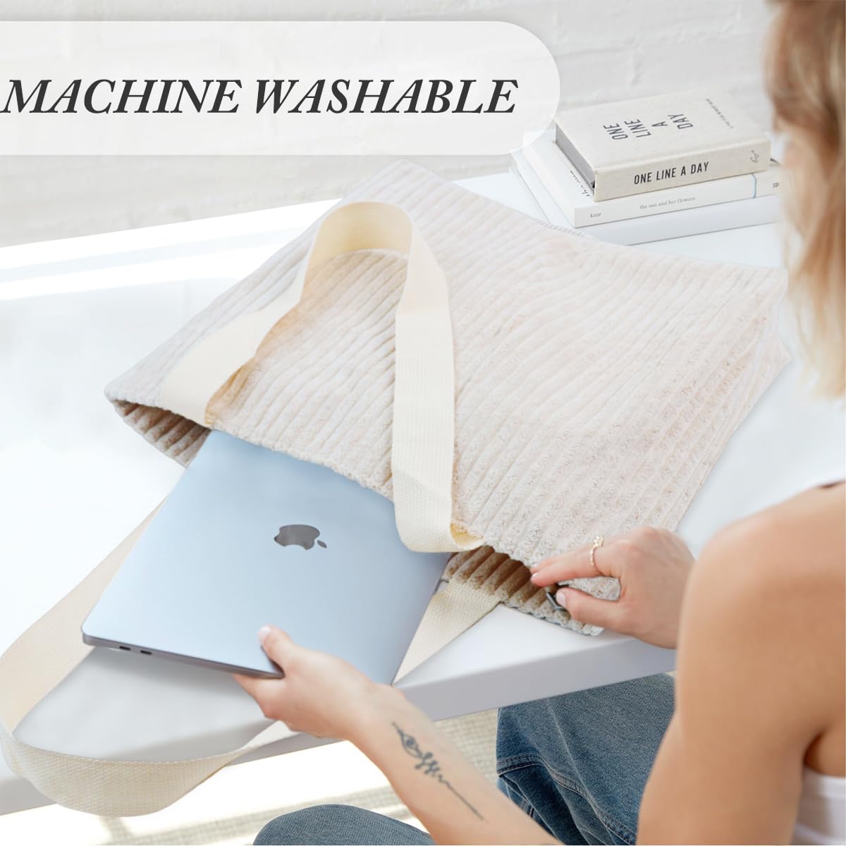 PALAY Corduroy Tote Bag for Everyday Use with Zipper and Nylon Straps 37x10x34cm Beige