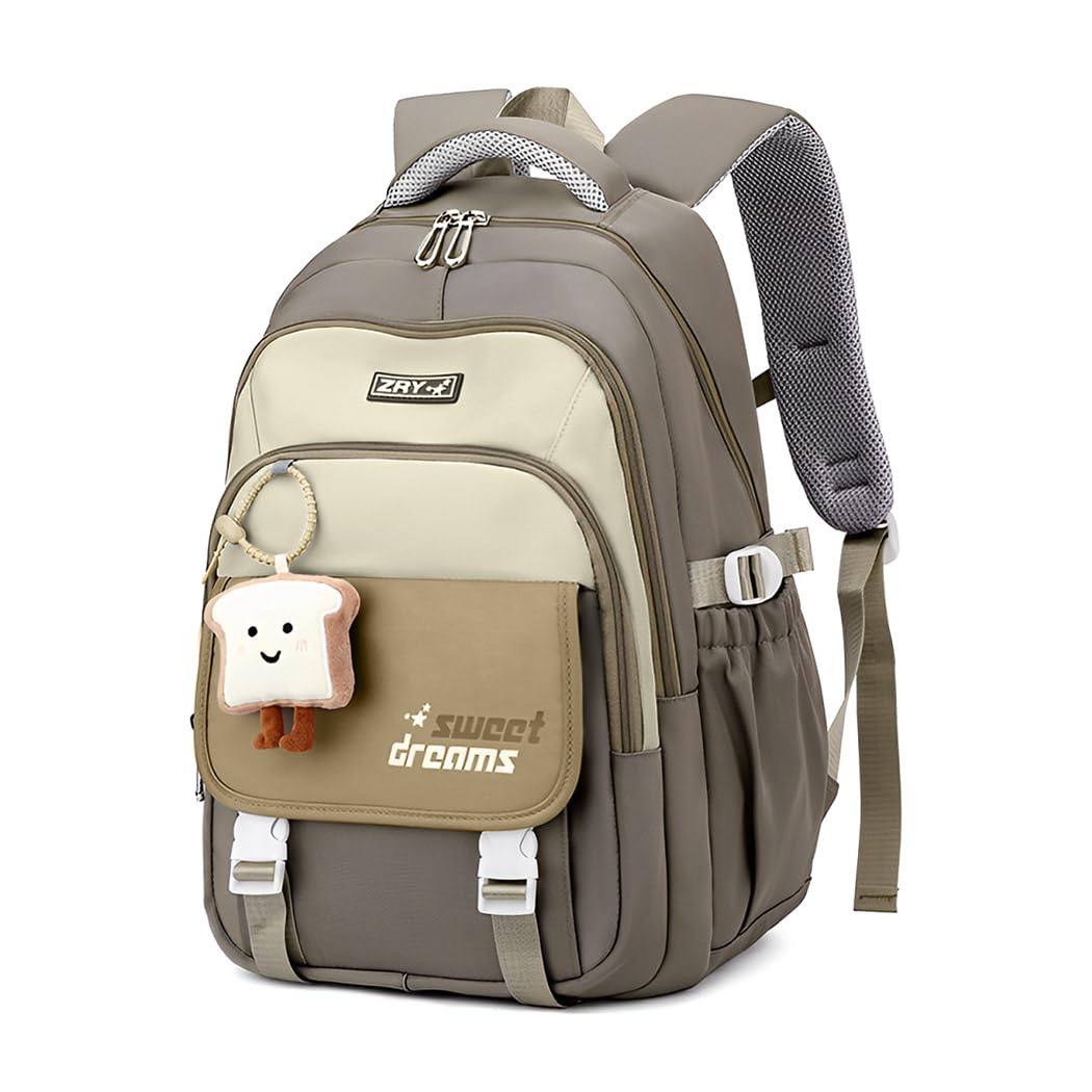 PALAY School Backpack for Girls with 3 Zip Compartments and Padded Straps | Khaki Nylon