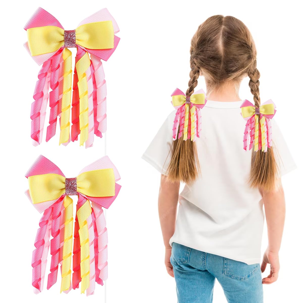PALAY Ribbon Bow Hair Clips for Girls with Curly Tails in Pink and Golden | 2 Pcs Set