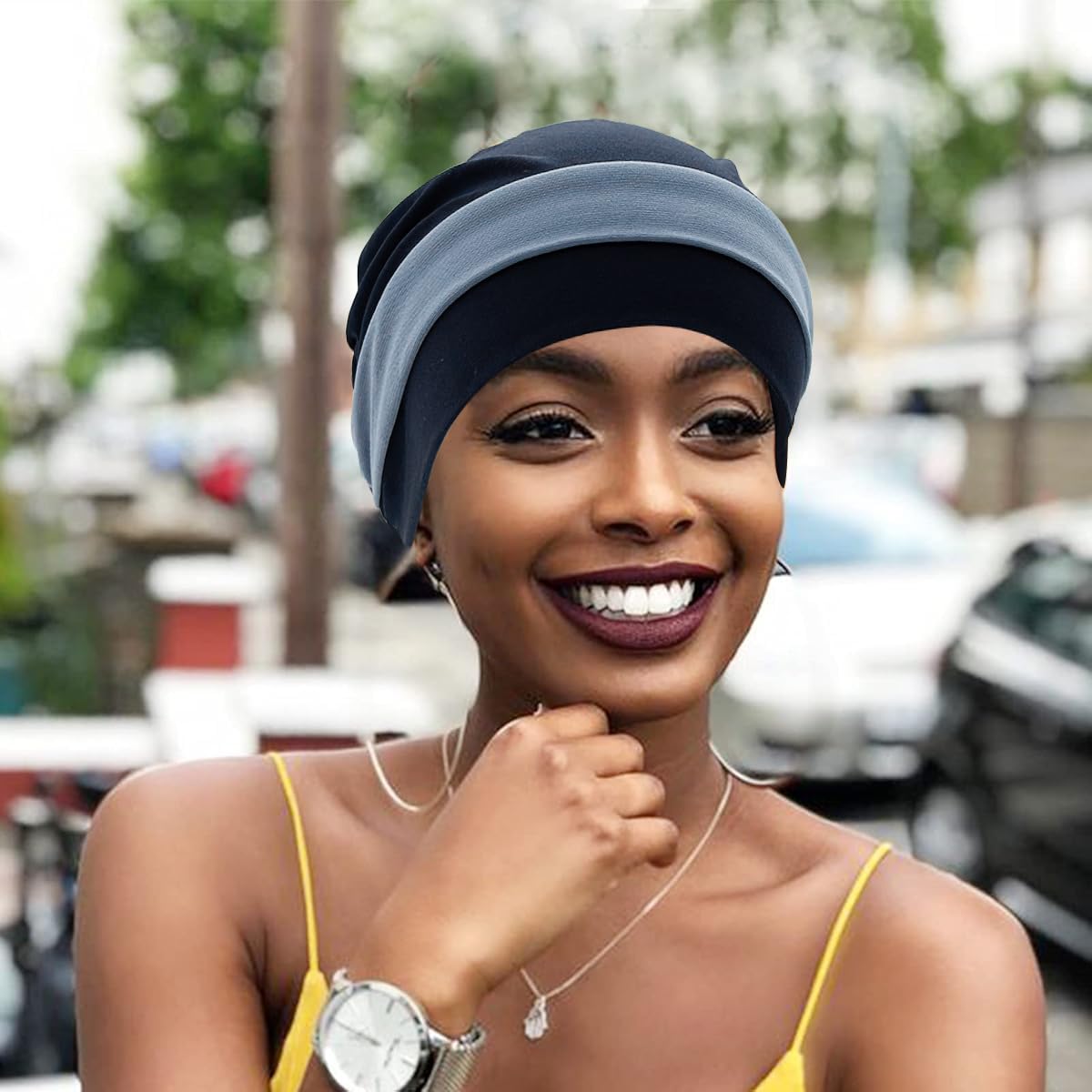 PALAY® Women Hair Wrap Head Wrap Grey Flower Hair Wrap Cap Turban Cap Slouchy Chemo Cap Head Wrap Hat for Women Sleep Hat Headwear, Navy
