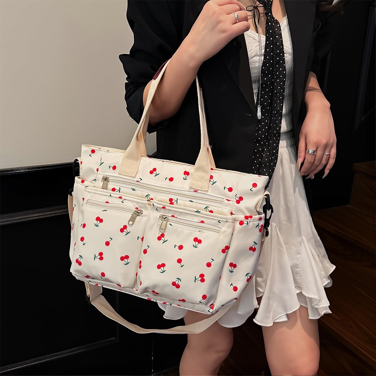 PALAY Tote Bag for Women with Dual Carrying Options and 39 x 15 x 26cm Storage | Cherry Nylon Design