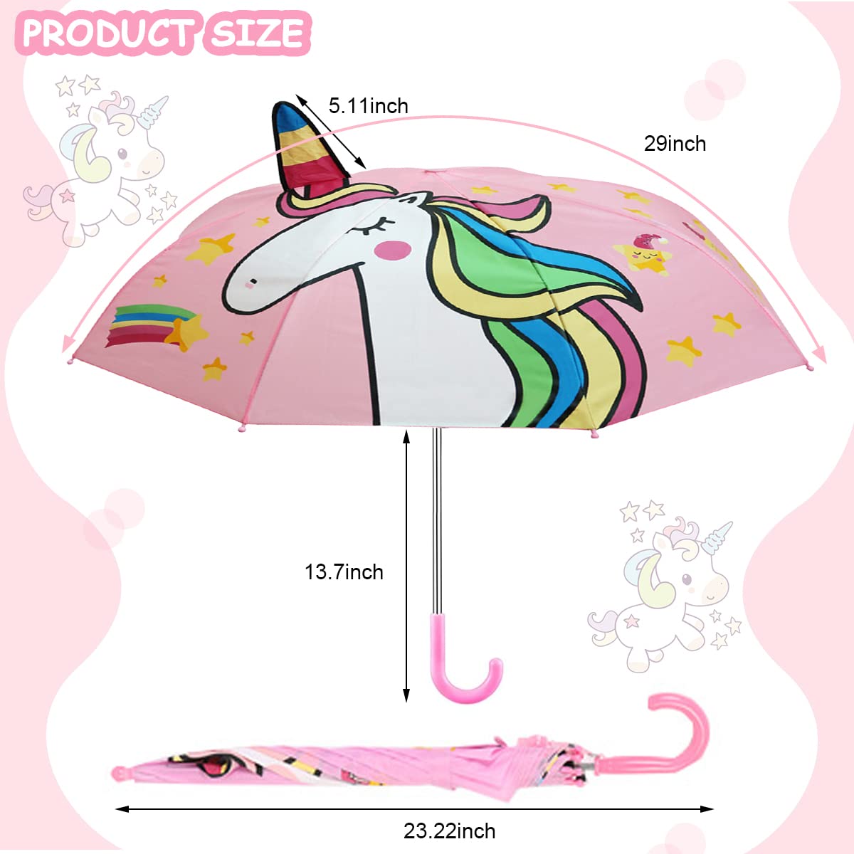 PALAY Kids Unicorn Umbrella for Rainy Days with 29 inch Canopy and 3D Ears Design | 8 Rib Safe Tip Structure