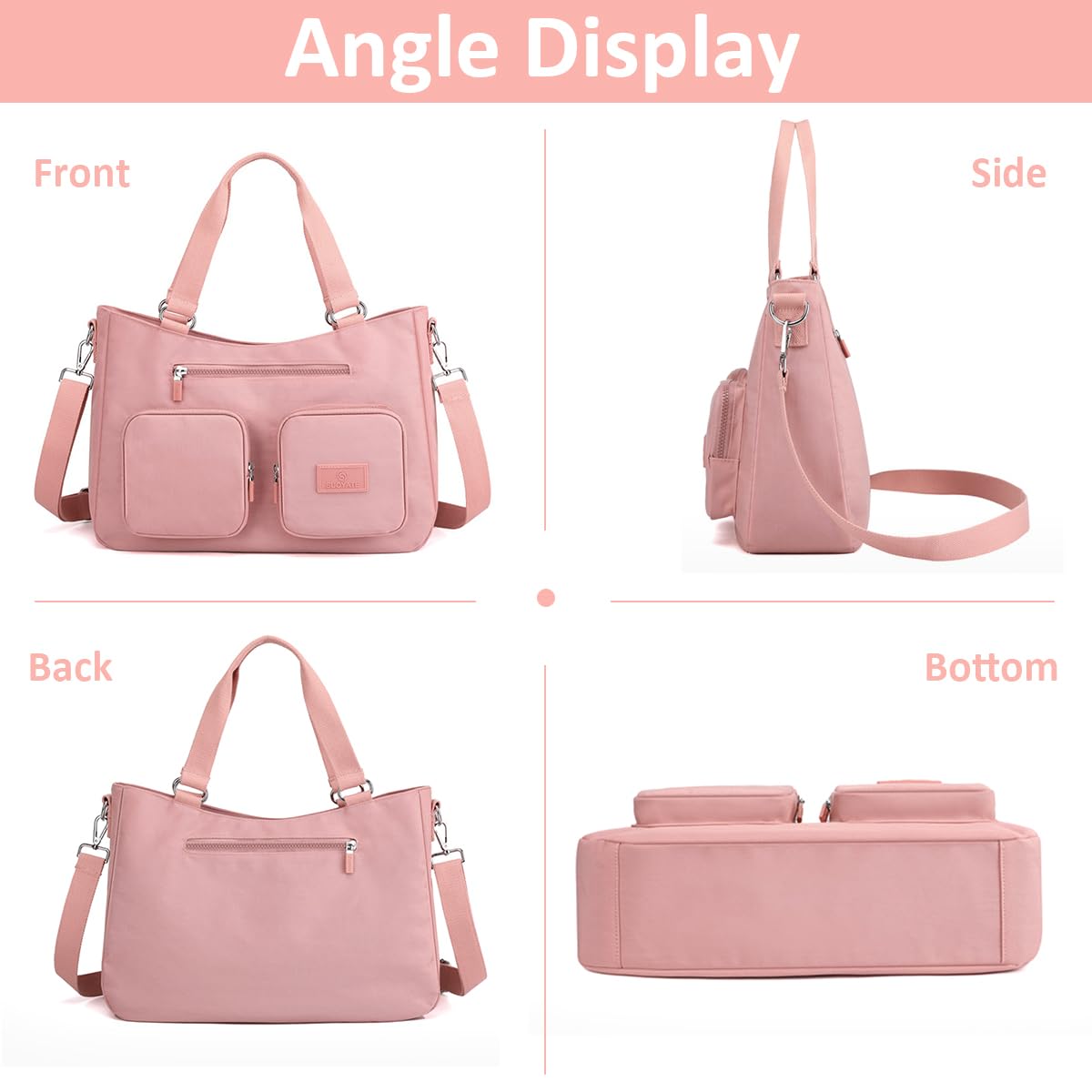 PALAY Tote Bag for Women with Multi Pockets and Removable Shoulder Strap | Pink Nylon Shoulder Handbag for Work and Travel