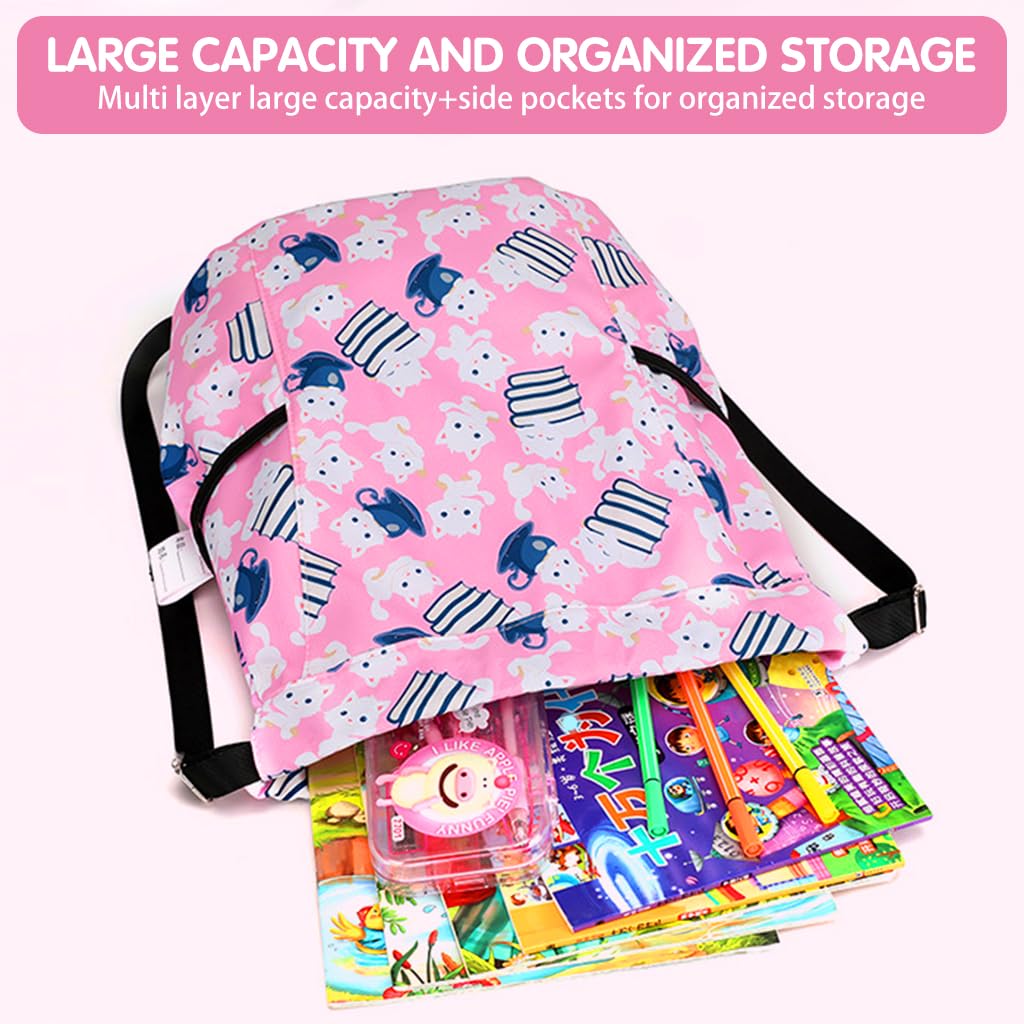 PALAY Drawstring Backpack for Kids with Adjustable Shoulder Strap and Pink Cartoon Print | 28x36cm Waterproof Nylon Bag