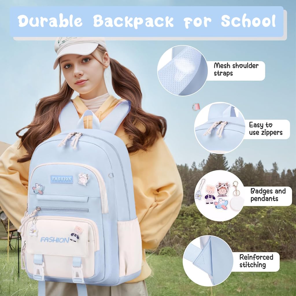 PALAY Cotton School Bag for Girls featuring Multi Zipper Compartments and Blue Patchwork Design