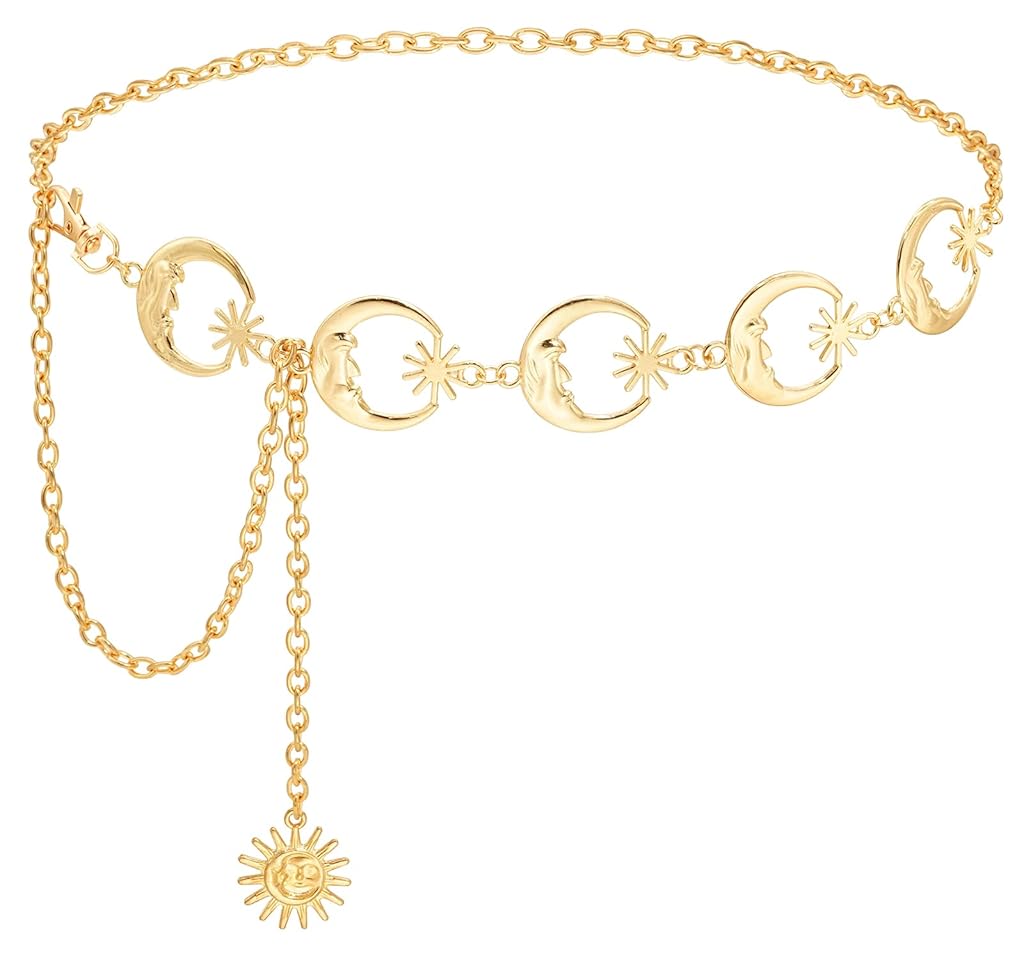 PALAY® Waist Chain Belt Moon Star Metal Waist Chain Belt Stylish Clothes Accessories for Blazer, Suit, Dress, Gown, Wedding Dress (Gold)