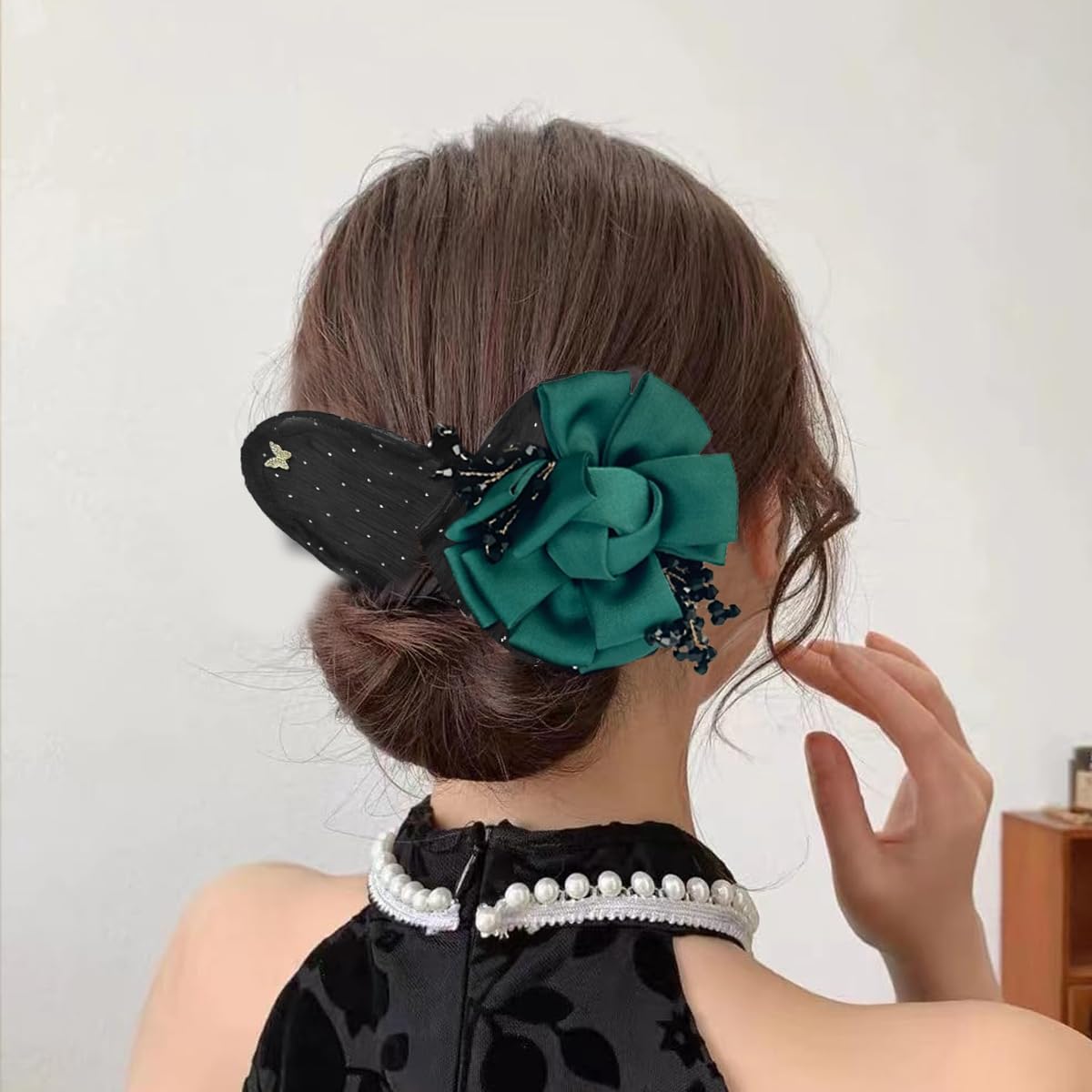 PALAY® Hair Buns for Women Floral Magic Bun Maker for Hair Bun Accessories Pearl French Hair Bun Clips Elegant Hairstyle Twist Juda Hair Accessories for Women, Girls - Green