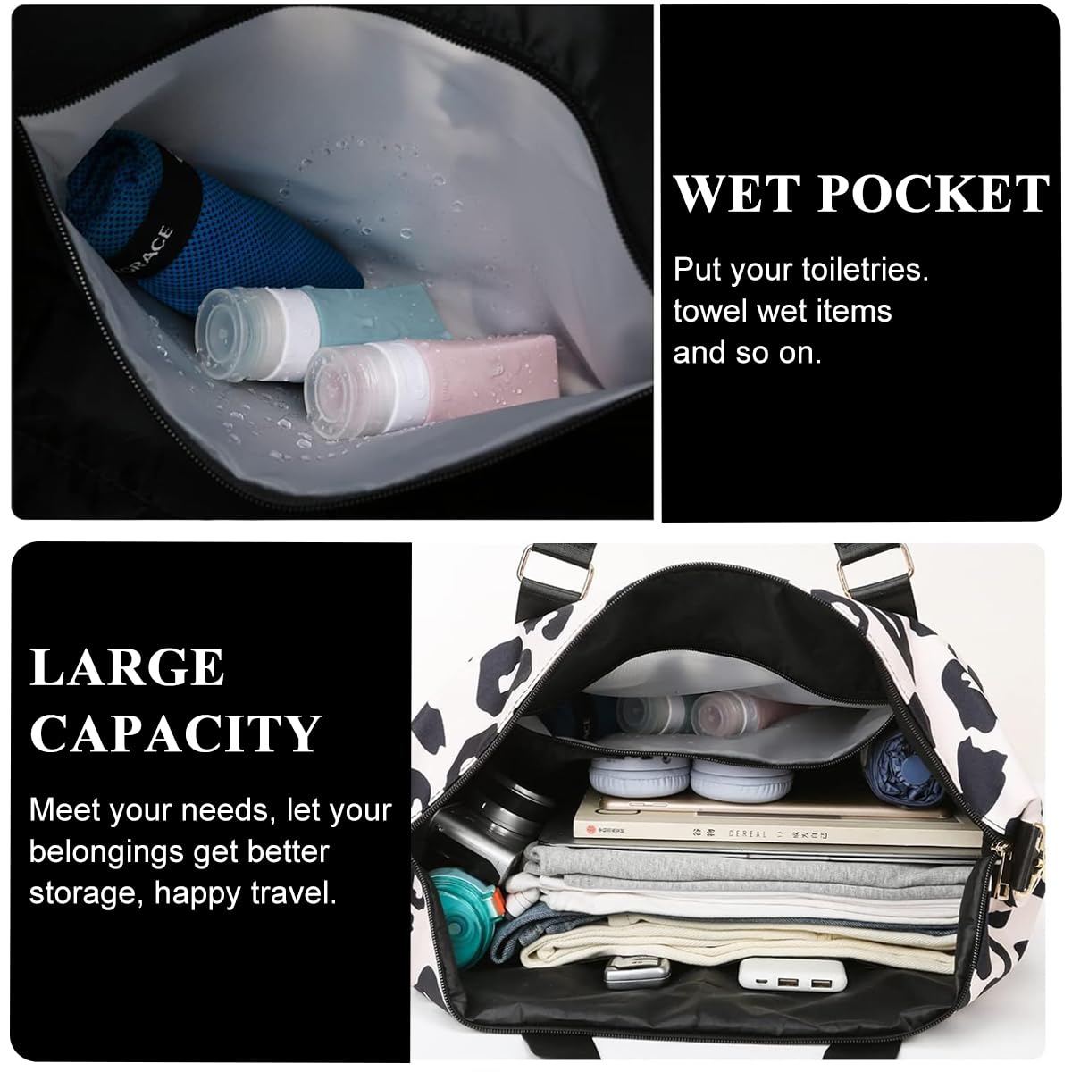 PALAY Travel Bag for Weekend and Gym Use with Detachable Strap and Waterproof Oxford Cloth | 46x28x17cm Cow Print Duffel