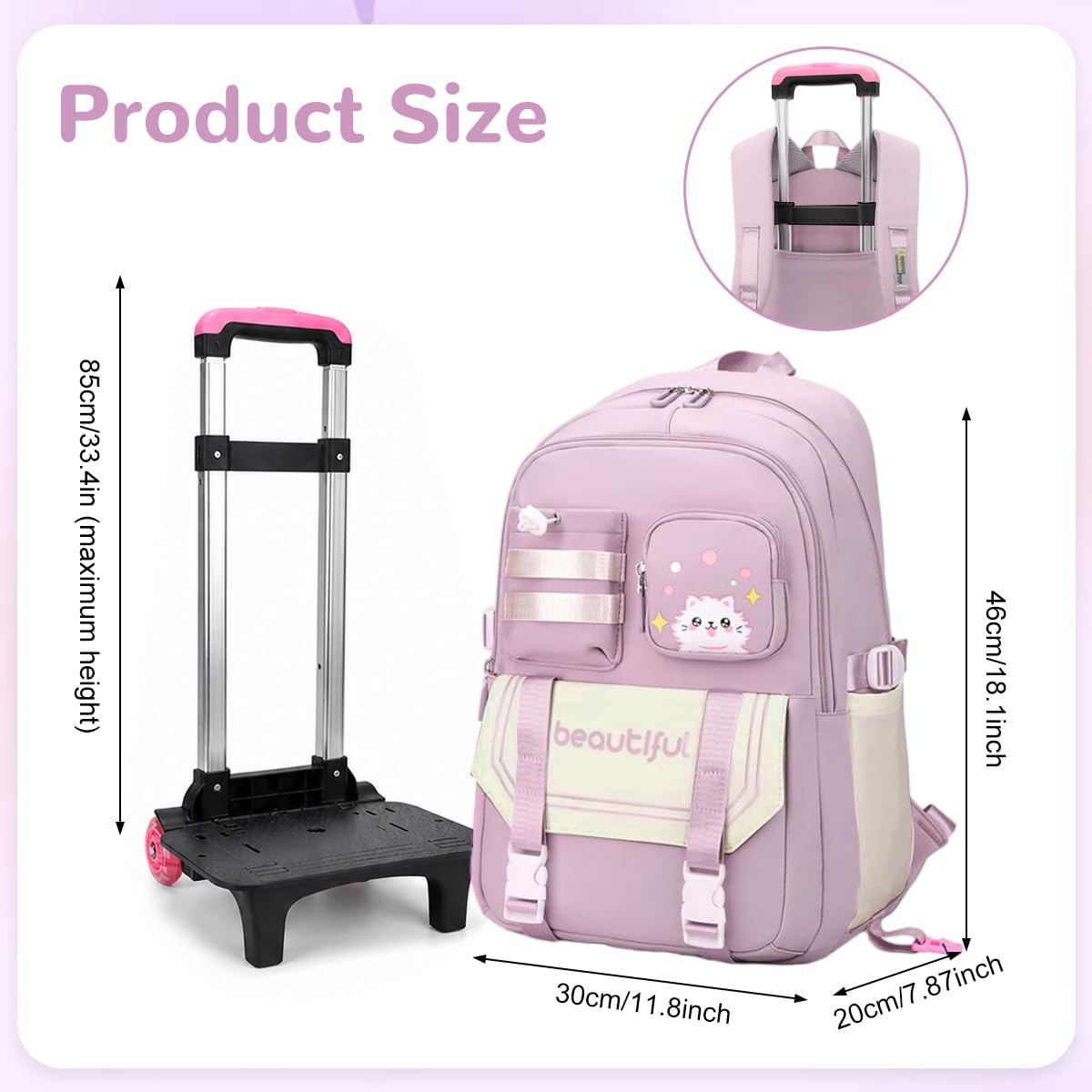 PALAY Pink Cat Trolley School Backpack with Wheels 2-in-1 Rolling School Bag