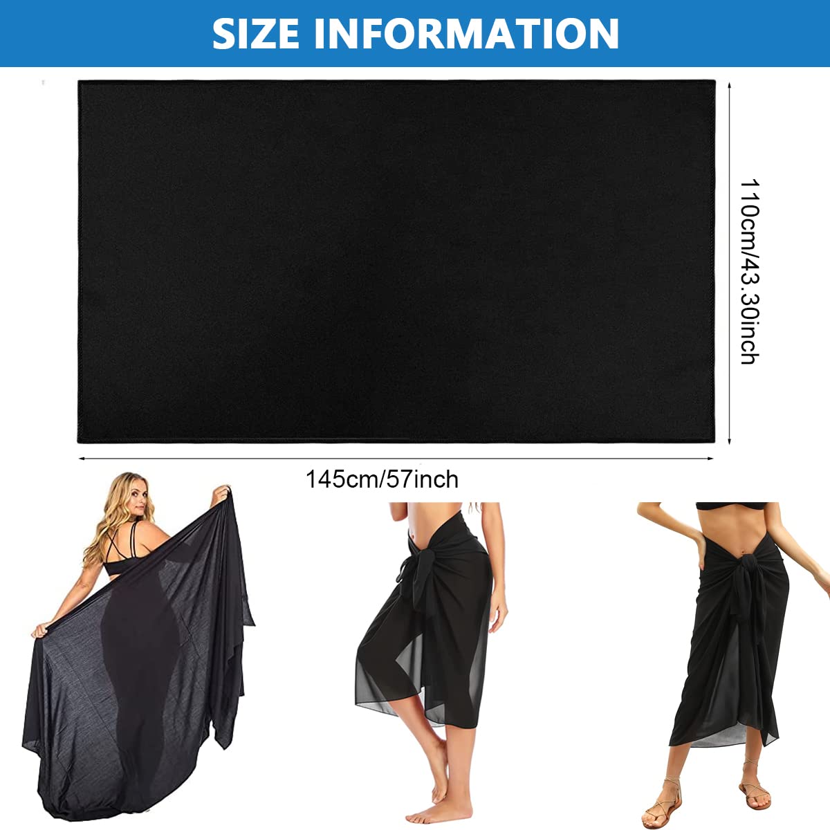 PALAY® Sarong Beach Coverups Long Chiffon Swimsuit Coverup Sarongs for Women Beach Wear Bikini Wrap Sheer Coverup - Black, 57 Inch
