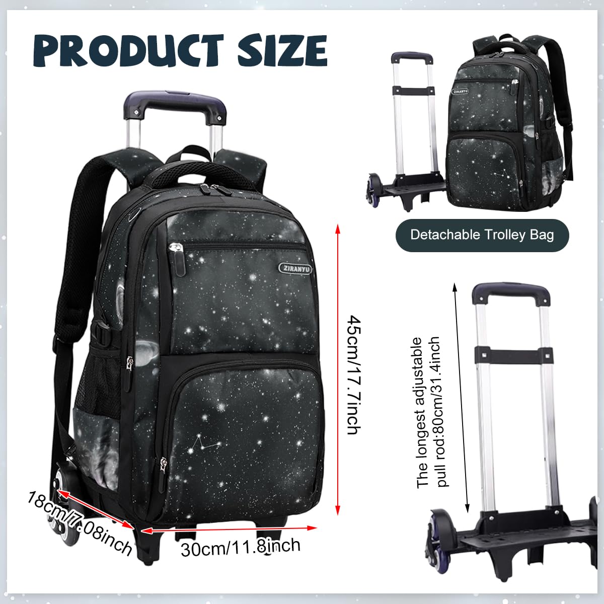 PALAY Starry Sky 6-Wheel Trolley School Backpack with Detachable Trolley
