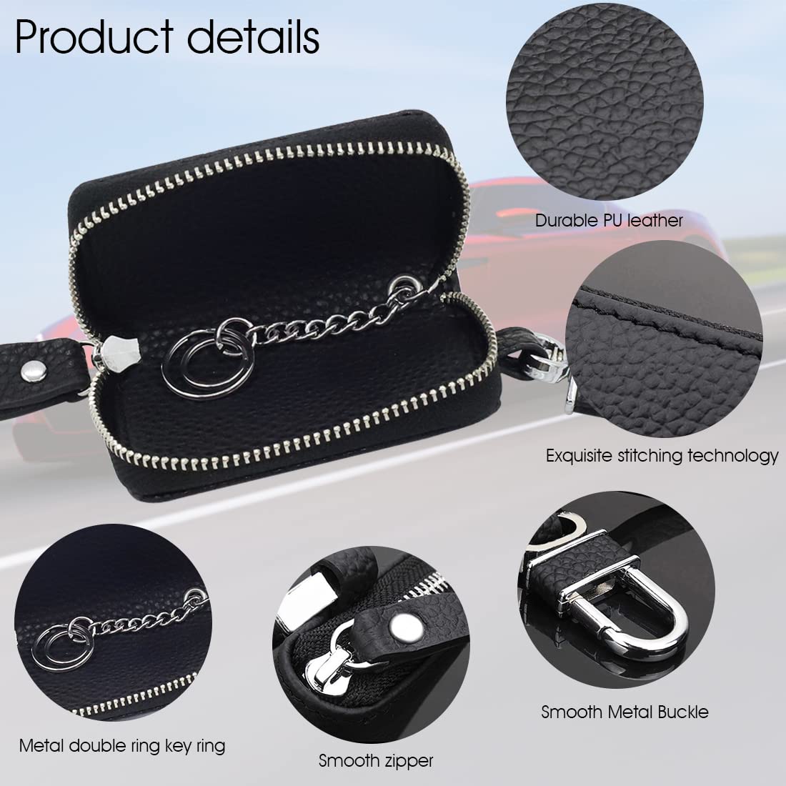PALAY Car Key Case for Smart Key Fob with O Ring Chain 8 x 5 x 3 cm Genuine Leather Black
