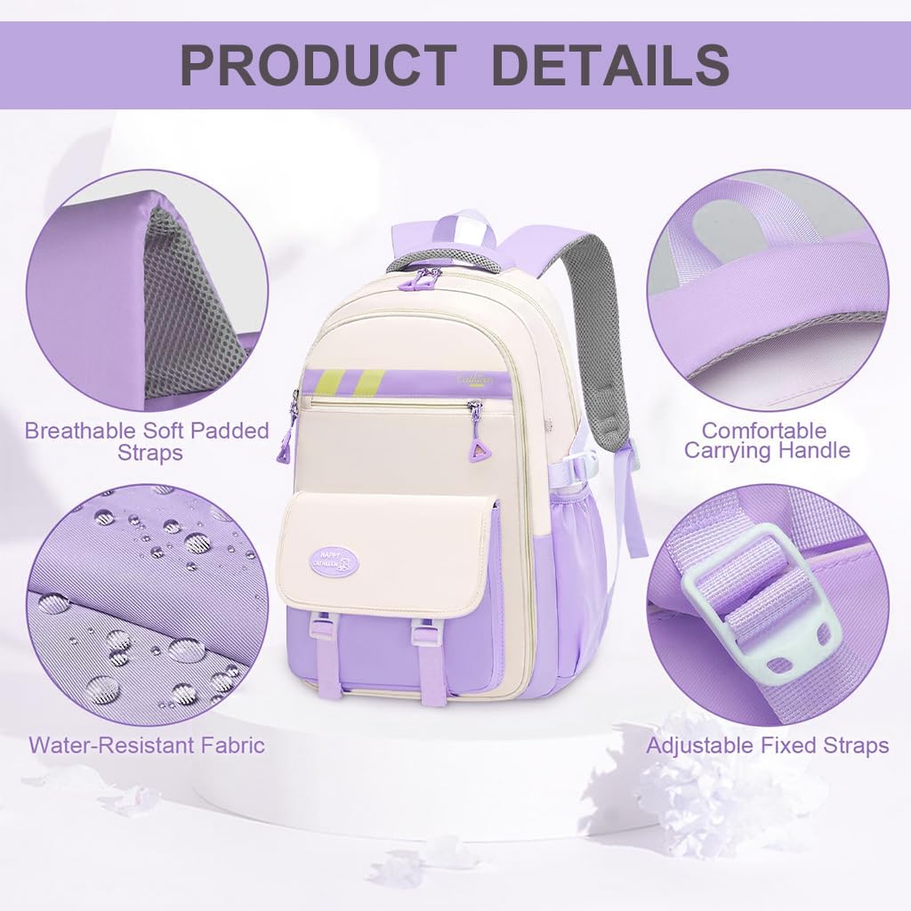 PALAY Girls School Backpack for Daily Use with Stationeries Storage Layer and Padded Straps | 32x22x46cm Waterproof Nylon Purple Bag