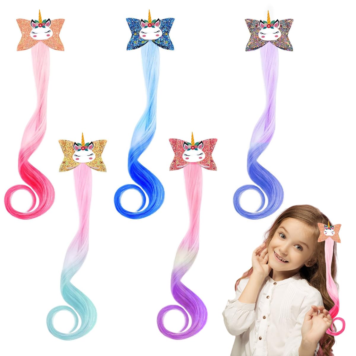 PALAY Unicorn Hair Extensions for Kids with Glitter Bows and Alligator Clips | 5Pcs Set