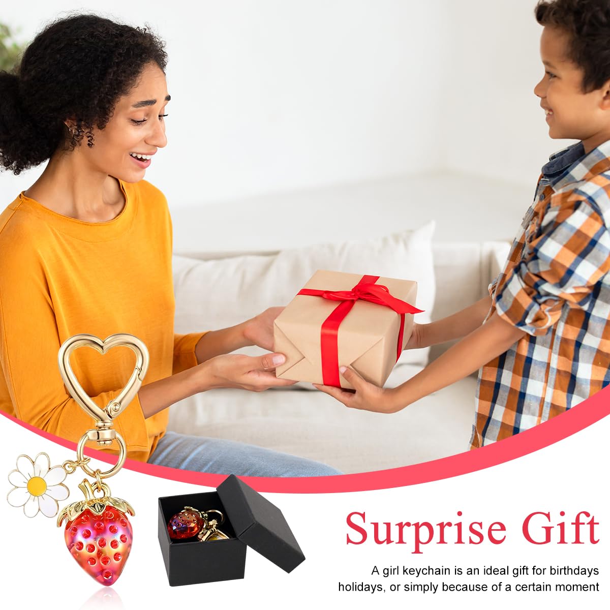 PALAY Strawberry Bag Charms Keychain for Handbags with Heart Carabiner and Flower Accent | 2 Pcs Gift Set for Women and Girls