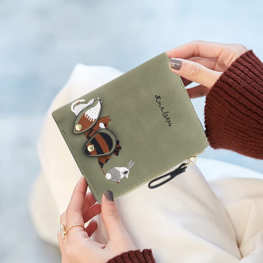 PALAY Wallet for Women 2pcs Set with Zipper Bi Fold Design and Fox Print PU Leather | Green and Grey Mini Purse 12 x 9.5 x 2 cm