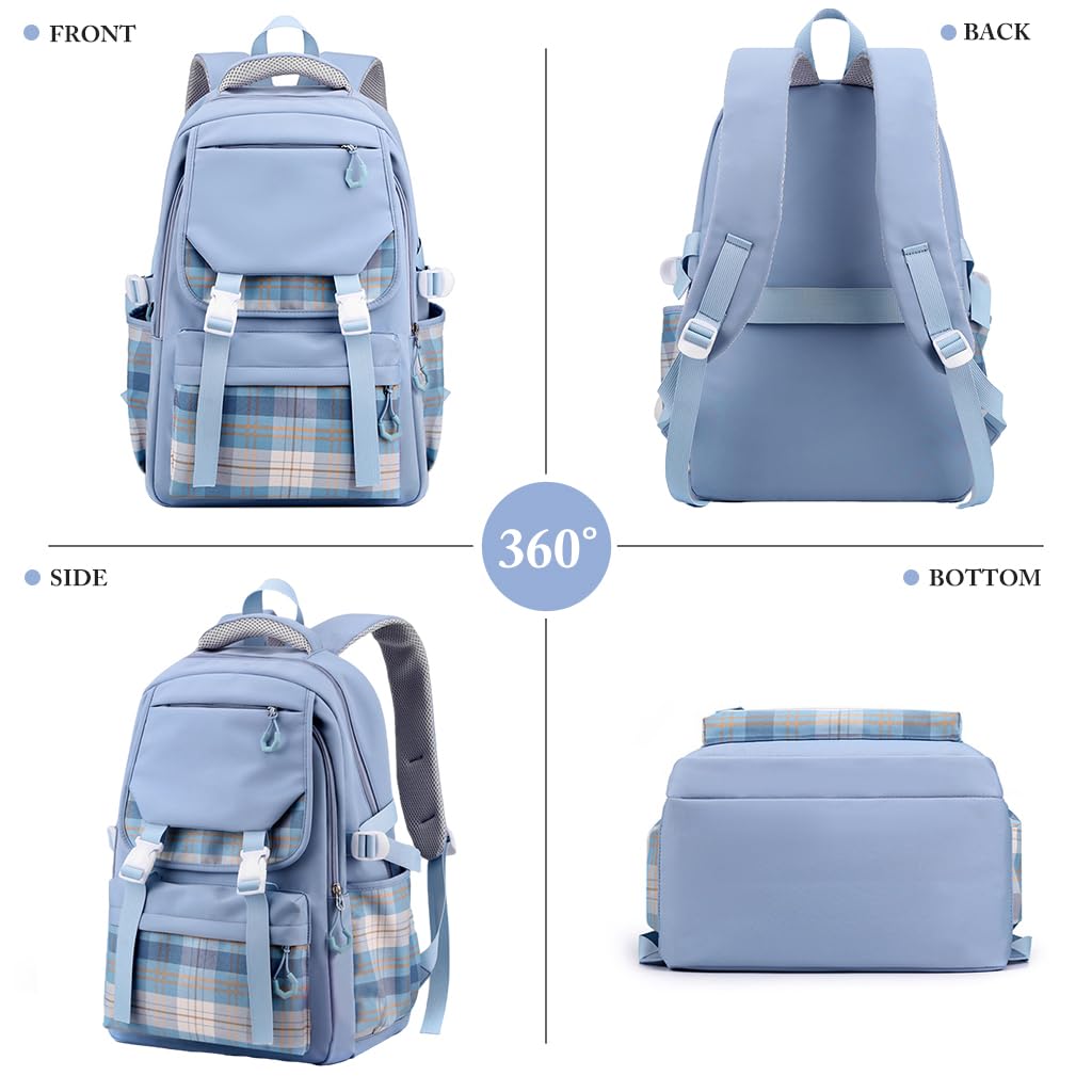 PALAY® School Backpack Fashion School Backpack for Girls Multi Compartments Blue Plaid Backpack Padded Handle & Shoulder Straps Burden-relief School BackpackTravel Backpack School Gifts for Girls