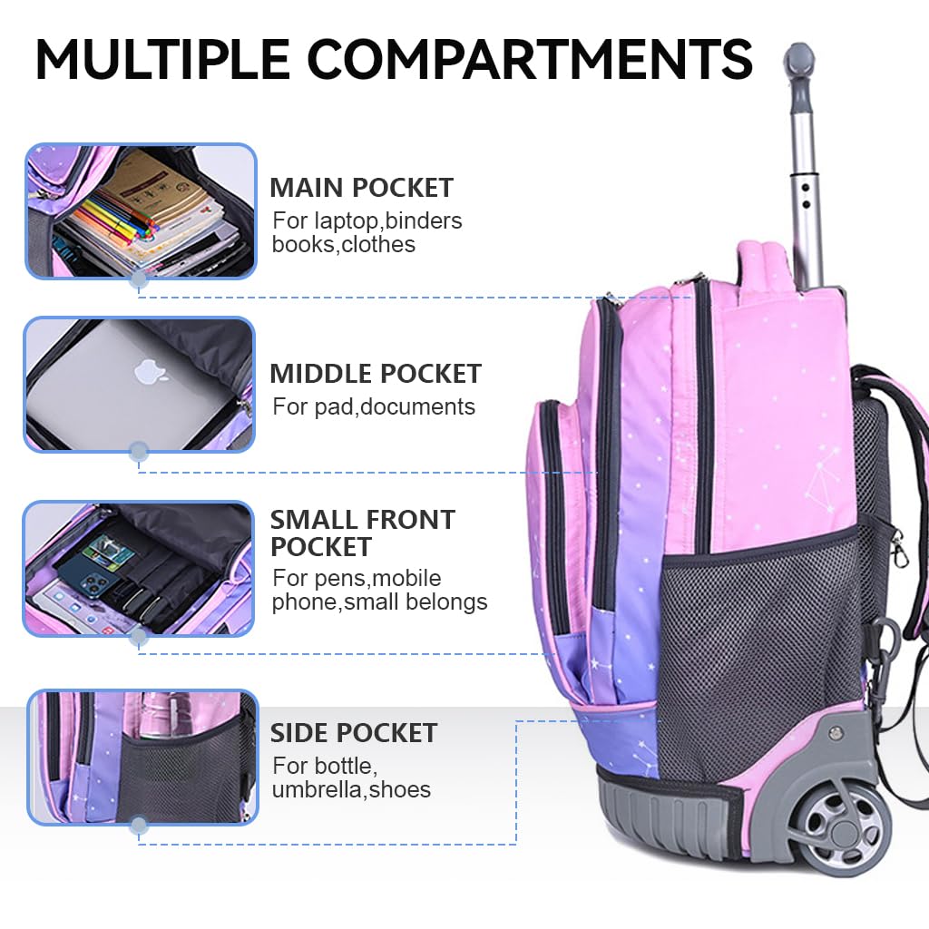 PALAY School Bag for Girls with Wheels featuring Retractable T Bar Handle and 18 in Size