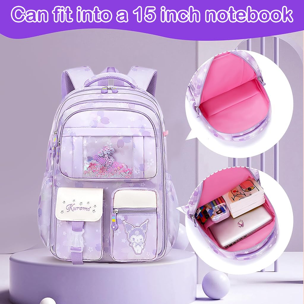 PALAY® Kuromi Backpack for School Girls Sanrio Kuromi School Backpack Multi Layer Large Book Bag Burden Relief Travel Backpack School Backpack for 8-16 Years Olds School Girls Teens, 45x31x19cm
