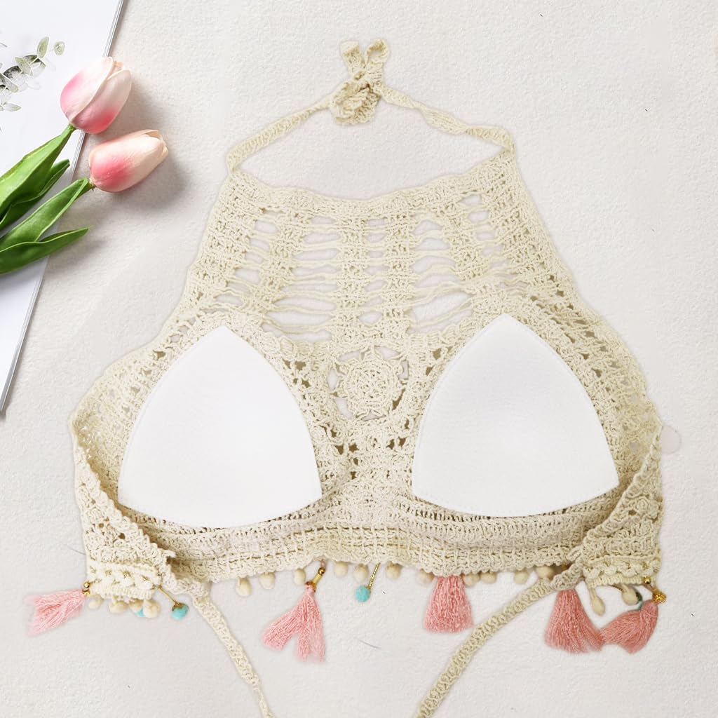 PALAY Womens Crochet Bikini Top for Summer Beachwear with Tassels and Halter Tie | 3 PCS Boho Set