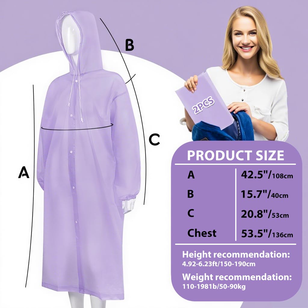 PALAY Rain Ponchos for Camping and Hiking featuring 56.2 in Length EVA Hood | Pack of 2
