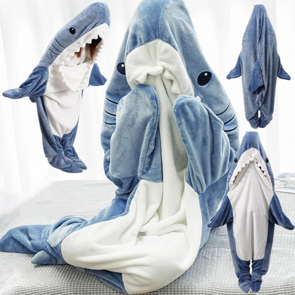 PALAY® Shark Blanket Pajamas for Girls and Boys Teen Soft Fleece Blanket Warm Plush Shark Wearable Blanket Hoodie Onesie Shark Sleeping Bag Pajamas Party Halloween Costumes - M