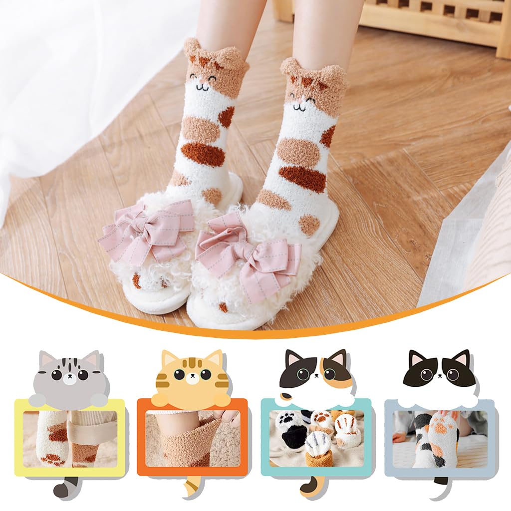 PALAY® 5 Pairs Winter Floor Socks for Women Girls Soft Warm Coral Fleece Socks Cartoon Cat Claw Overankle Socks Winter Home Warm Socks Home Floor Socks Christmas Gift for Girls
