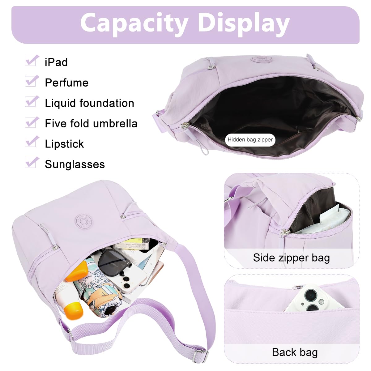 PALAY Shoulder Bag for Women with Multiple Zipper Pockets and Adjustable Strap Violet