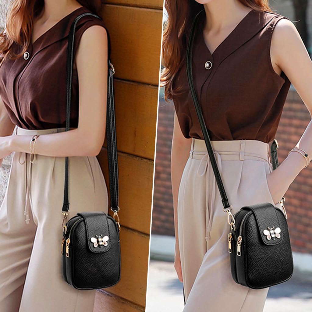 PALAY® Small Crossbody Phone Bag For Women PU Leather Shoulder Bag, Classic Solid Color Women Purse Cross Body Bag, Practical Multi-layer Zipper Pouch
