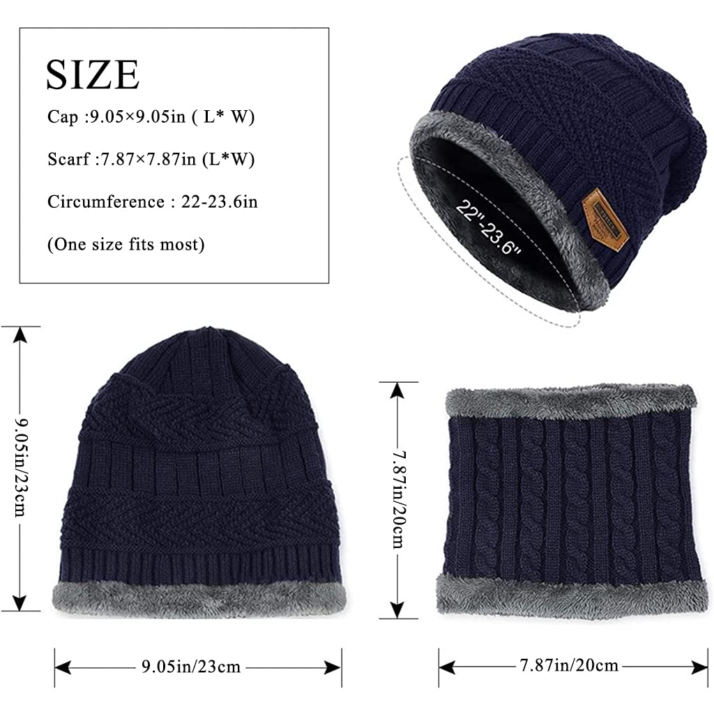 PALAY® Navy Blue Winter Warm Knitted Hats with Neck Gaiter Knitted Scarf Set,Beanie Cap Hat Neck Hat for Men and Women