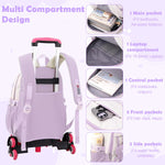 PALAY School Backpack with Wheels for Girls featuring 6 Wheel Metal Trolley and Retractable Handle