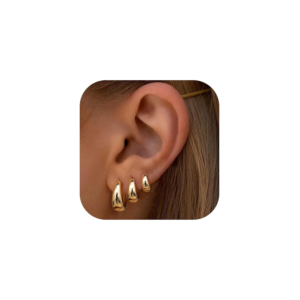 PALAY® Juego de 3 pares de aros dorados para mujer, gruesos, dorados y plateados, rellenos de oro de 14 quilates, hipoalergénicos, pequeños, modernos, aros gruesos