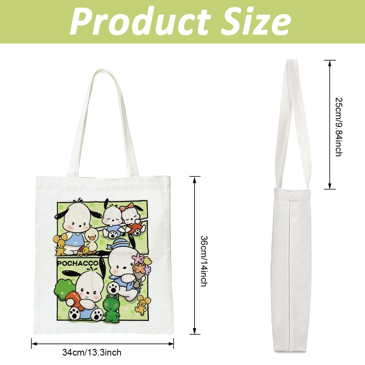 PALAY® Girls Tote Bag Girls Canvas Hand Bag Kawaii Sanrio Pochacco Canvas Book Bag Casual Shoulder Bag Hand Bag Tote Bag Gift for Girls, 45x35 cm
