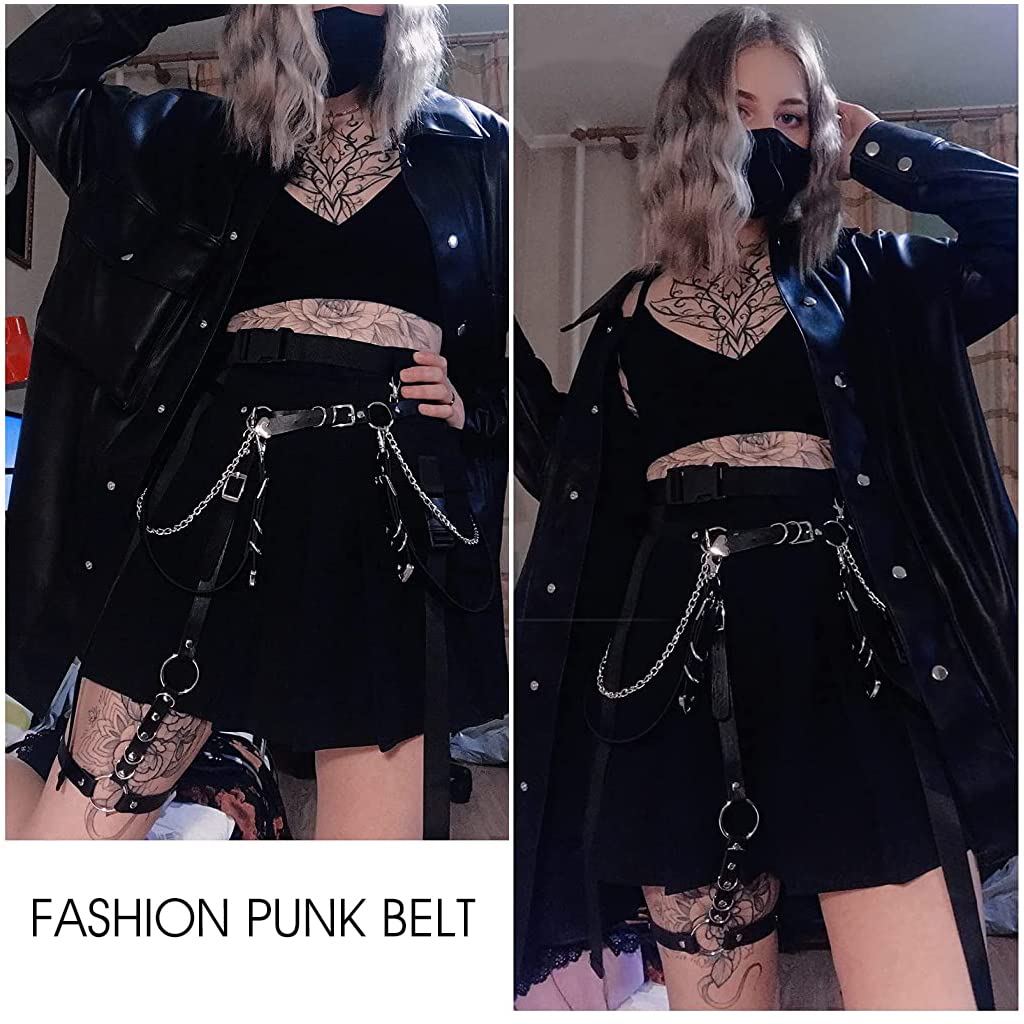 PALAY Punk Waist Chain Belt for Women featuring Metal Rings and Heart Pendant | 110cm Black Faux Leather