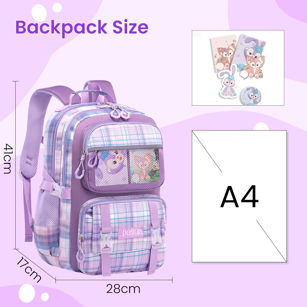 PALAY® School Bag for Girls Kids Stylish Waterproof Cartoon Design Girls School Bag Large Capacity School Backpack for Girls Gift School Bag for Girls (6-12 Years Old) - Purple