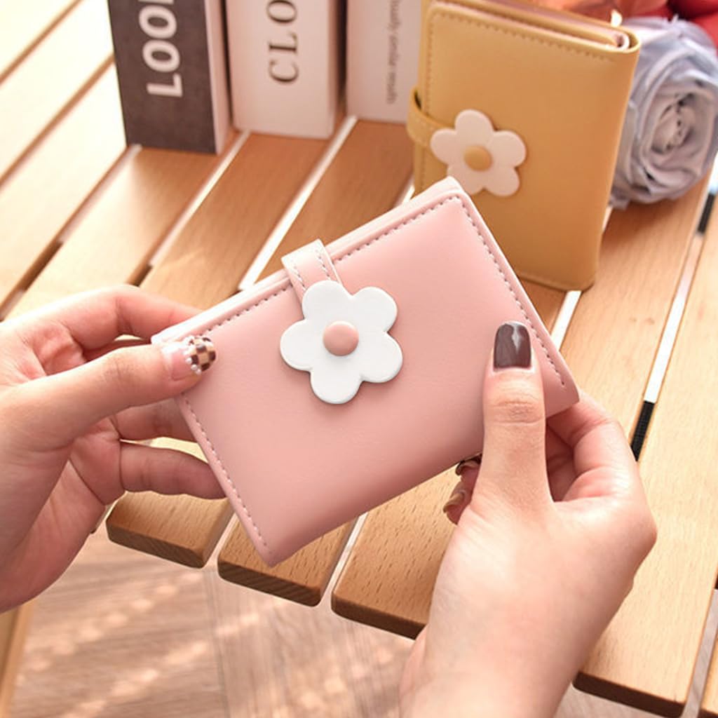 PALAY® Girls Wallet Women Wallet Pu Leather Card Holder Girls Wallet Cute Flower Snap Button Wallet With Lovely Heart Shaped Photo Window Gift Wallet For Girls Christmas Gift, Pink