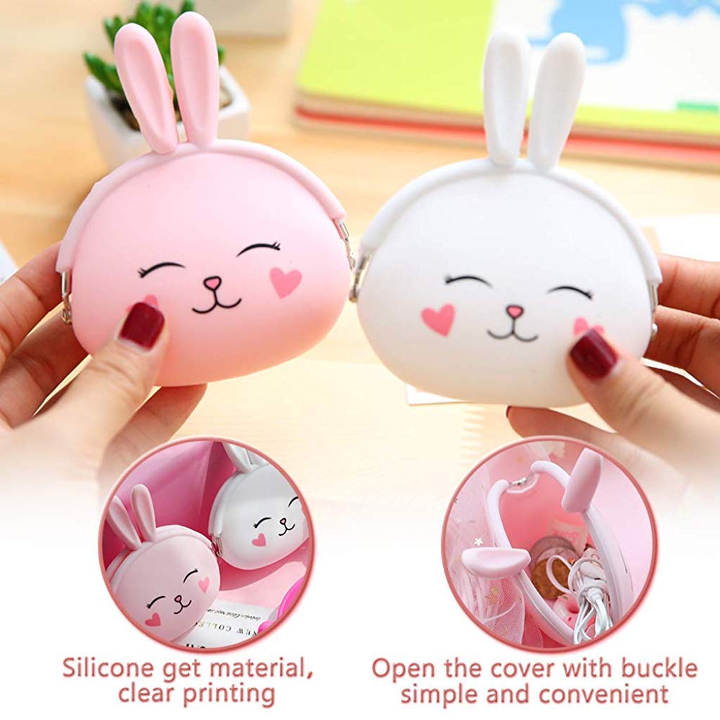 PALAY Silicone Coin Purse for Girls with Cute Bunny Design 10.5x12cm 2 Pcs Pink & White