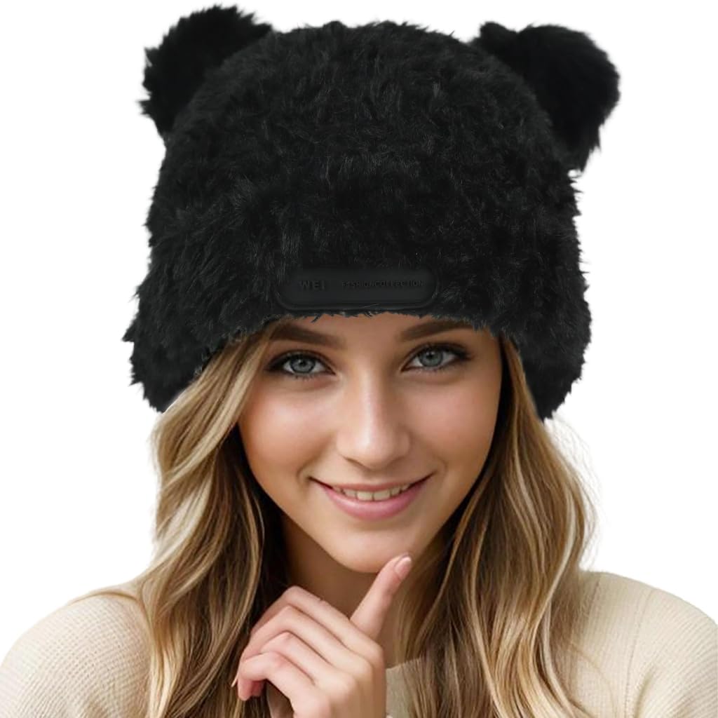 PALAY® Girls Winter Hat Soft Plush Warm Cute Bear Ear Hat Bear Beanie Hat Plush Bear Hat Kawaii Winter Hat for Girls Women, Black