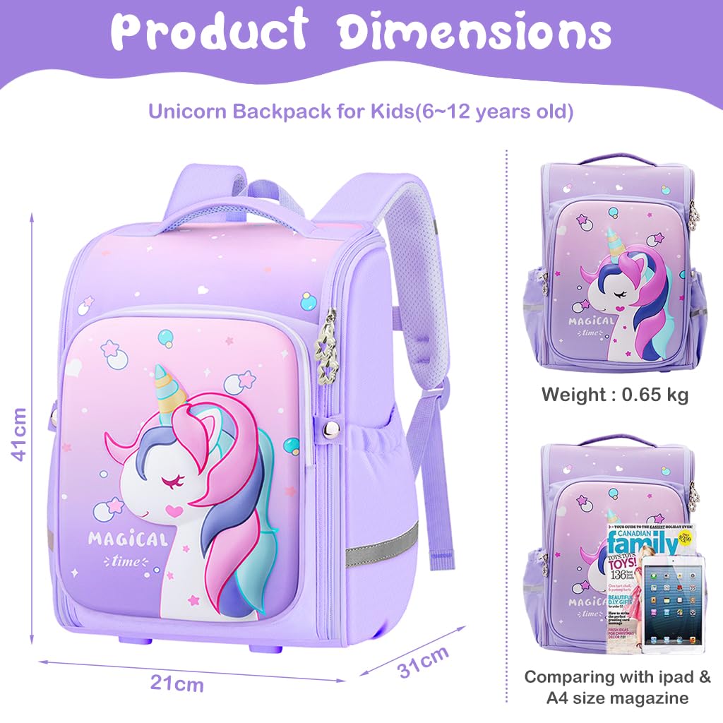 PALAY Unicorn Backpack for Girls with 31×21×41 cm Large Capacity | Cute Purple School Bag
