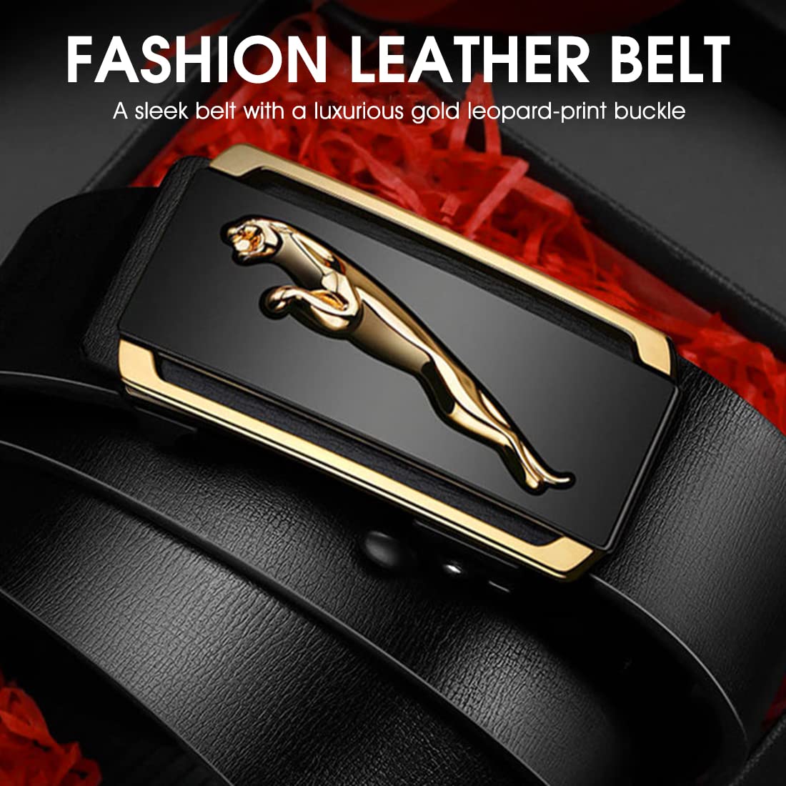 PALAY® Leather Belt Auto Adjustable with Lock Buckle for Men,Fashion Golden Leopard Pattern Design,Long 130cm