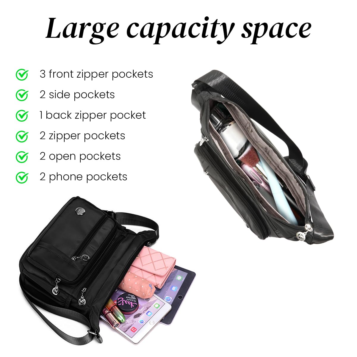 PALAY Women Shoulder Bag for Everyday Use with Multi Pocket Design and Waterproof Nylon | 3 PCS Set Black