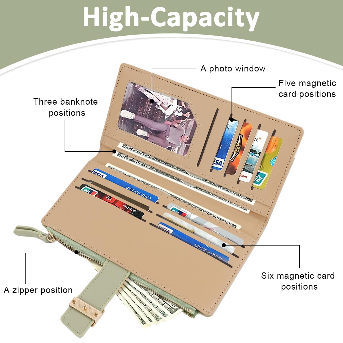 PALAY® Women Purse Bag Fashion PU Purse for Women Bifold Purse for Women Large Capacity Cards Bag Cash Bag Evening Hand Bag Clutch Bag for Women Gift for Women Women, Mint Green