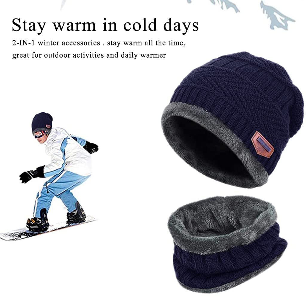 PALAY® Navy Blue Winter Warm Knitted Hats with Neck Gaiter Knitted Scarf Set,Beanie Cap Hat Neck Hat for Men and Women