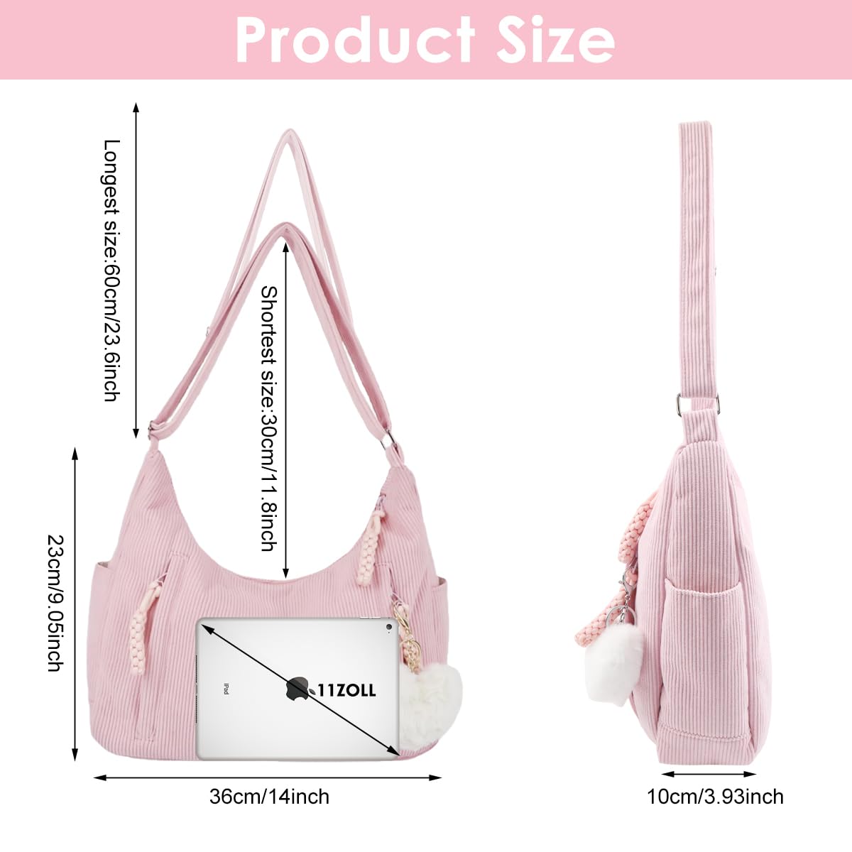 PALAY Corduroy Hobo Bag for Women with Adjustable Strap and Multi Pockets in Pink