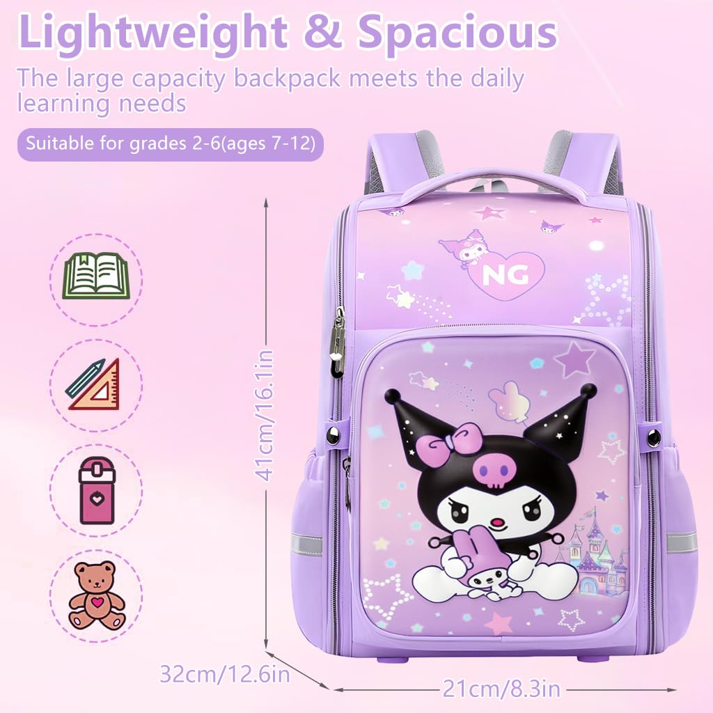 PALAY Kuromi Backpack for School Girls 7–12 with Multi Layer Storage and Ergonomic Straps