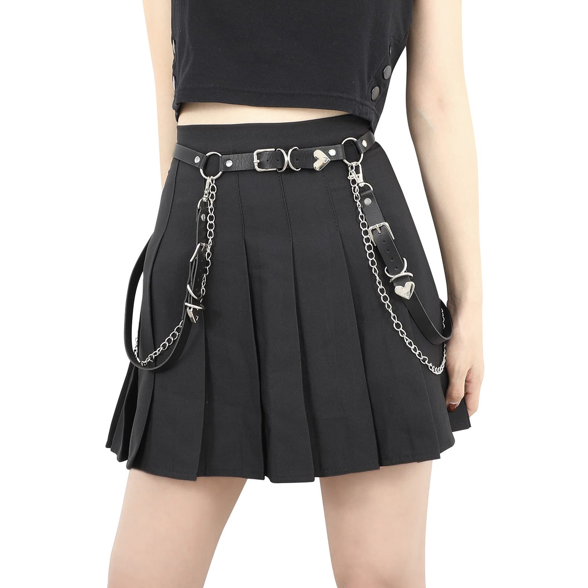 PALAY Goth Punk Chain Belt for Skirts and Jeans with Metal Rings and Heart Pendant | Black Faux Leather 97 cm Adjustable Style
