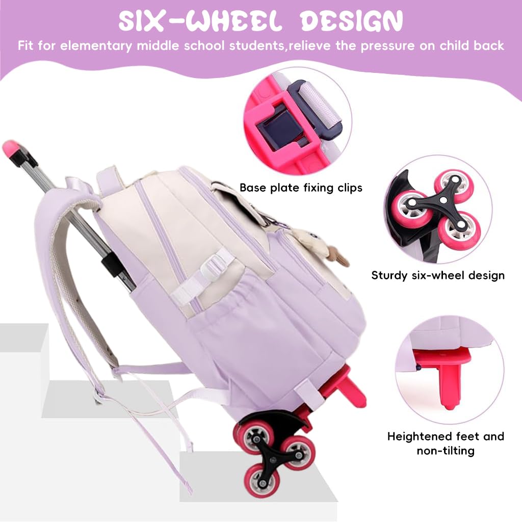 PALAY School Bag for Girls with 6 Wheels featuring Removable Trolley Stand and Handle Bar